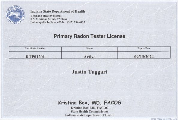 Primary Radon Tester License - Justin Taggart