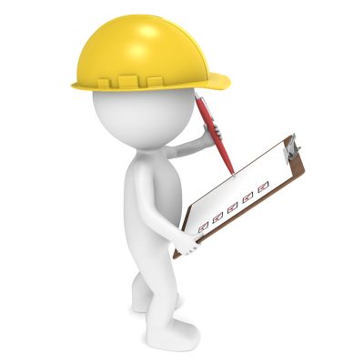 3D little human character The Builder holding a Clip Board and a Pen. People series.